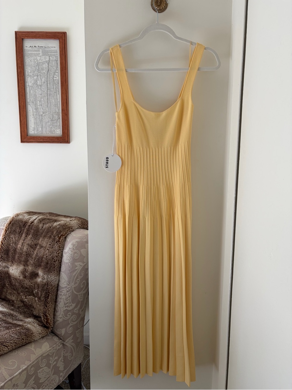 STAUD Yellow Pleated Midi Dress